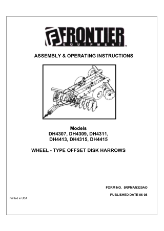 John Deere Frontier DH4307 DH4309 DH4311 DH4413 DH4315 DH4415 Wheel-Type Offset Disk Harrows Operator’s Manual Instant D