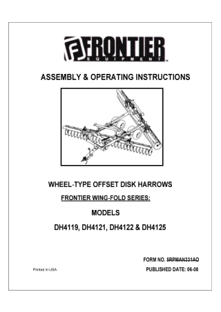 John Deere Frontier Wing-Fold Series DH4119 DH4121 DH4122 DH4125 Wheel-Type Offset Disk Harrows Operator’s Manual Instan