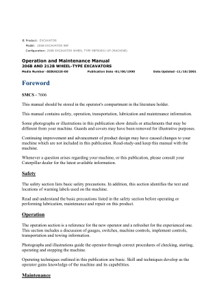 Caterpillar CAT 206B EXCAVATOR (9BF00001-UP) Operation and Maintenance Manual Instant Download