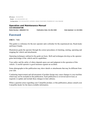 Caterpillar CAT 215 EXCAVATOR (14Z00001-00648) Operation and Maintenance Manual Instant Download