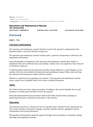 Caterpillar CAT 307 EXCAVATOR (2WM00001-00499) Operation and Maintenance Manual Instant Download