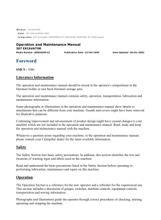 Caterpillar CAT 307 EXCAVATOR (2WM00500-UP) Operation and Maintenance Manual Instant Download