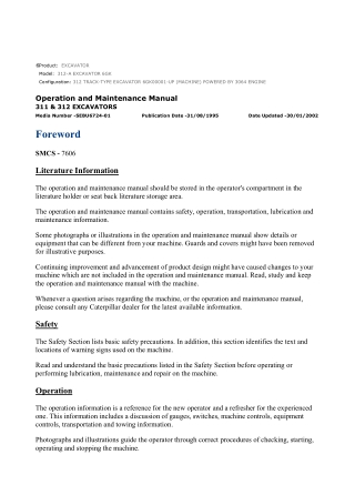 Caterpillar CAT 312-A EXCAVATOR (6GK00001-UP) Operation and Maintenance Manual Instant Download