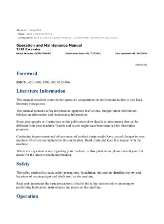 Caterpillar CAT 312B L EXCAVATOR (9FS00001-UP) Operation and Maintenance Manual Instant Download
