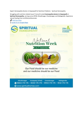 Expert Homeopathy Doctors in Gopanpalli for Nutrition Problems