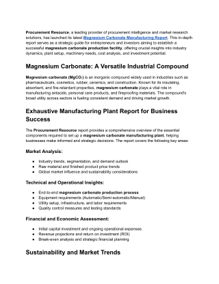 Latest Magnesium Carbonate Manufacturing Plant Report by Procurement Resource