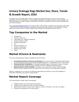 Urinary Drainage Bags Market Growth Driven by Rising Geriatric Population