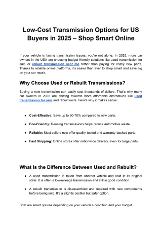 Low Cost Transmission Options for US Buyers in 2025 Shop Smart Online