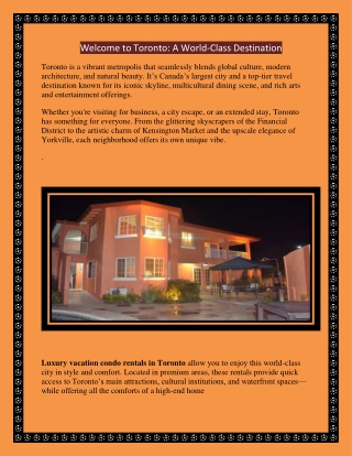 Luxury Vacation Condo Rentals in Toronto – Downtown Comfort & Style