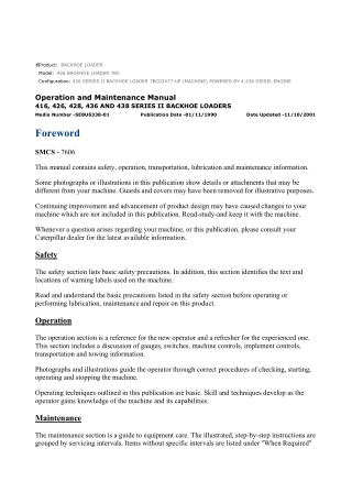 Caterpillar CAT 426 BACKHOE LOADER (7BC03477-UP) Operation and Maintenance Manual Instant Download