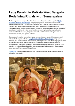 Lady Purohit in Kolkata West Bengal – Redefining Rituals with Sumangalam