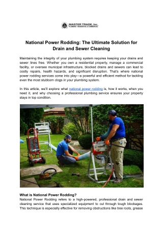 Mastertrade Plumbing | Reliable National Power Rodding Services