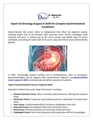 Expert GI Oncology Surgery in Delhi for Complex Gastrointestinal Conditions
