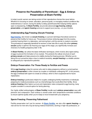 Preserve the Possibility of Parenthood – Egg & Embryo Preservation at Ekam Fertility