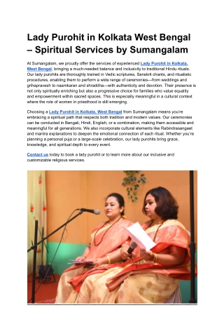 Lady Purohit in Kolkata West Bengal – Spiritual Services by Sumangalam