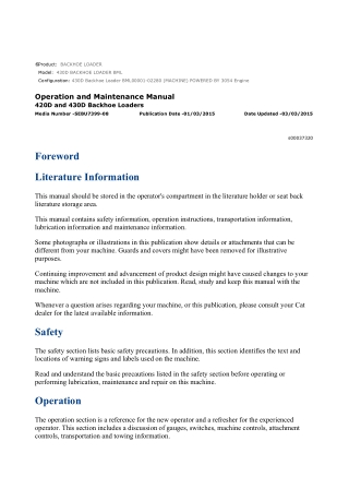 Caterpillar CAT 430D BACKHOE LOADER (BML00001-02280) Operation and Maintenance Manual Instant Download