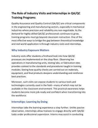 The Role of Industry Visits and Internships in QA/QC Training Programs