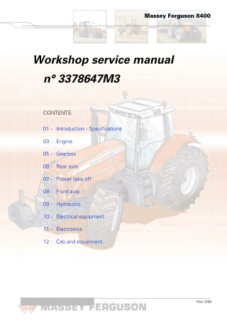 Massey Ferguson 8400 Series (8450  8460  8470  8480) Tractor Service Repair Manual Instant Download (Part No. 3378647M3)