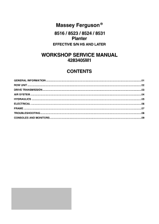Massey Ferguson 8516  8523  8524  8531 Planter (EFFECTIVE SN HS AND LATER) Service Repair Manual Instant Download (Part