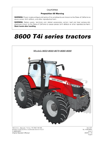 Massey Ferguson 8650 8660 8670 8680 8690 T4i Series Tractor Operator Manual Instant Download (Part No. 4346788M1)