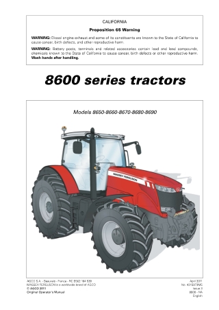Massey Ferguson 8650 8660 8670 8680 8690 Tractor Operator Manual Instant Download (Part No. 4315973M5)
