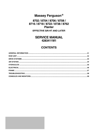 Massey Ferguson 8702  8704  8706  8708  8716  8718  8722  8738  8762 Planter Service Repair Manual Instant Download (EFF