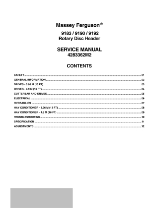 Massey Ferguson 9183  9190  9192 Rotary Disc Header Service Repair Manual Instant Download (Part No. 4283362M2)