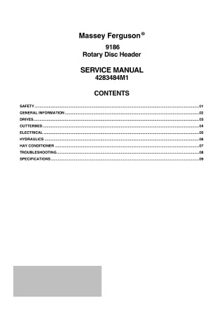 Massey Ferguson 9186 Rotary Disc Header Service Repair Manual Instant Download (Part No. 4283484M1)