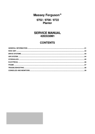 Massey Ferguson 9702  9708  9722 Planter Service Repair Manual Instant Download (Part No. 4283530M1)