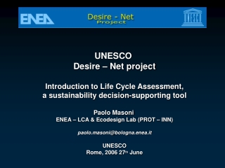 UNESCO Desire – Net project Introduction to Life Cycle Assessment,
