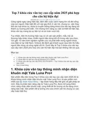 Top 3 khóa cửa vân tay cao cấp năm 2025 phù hợp cho căn hộ hiện đại