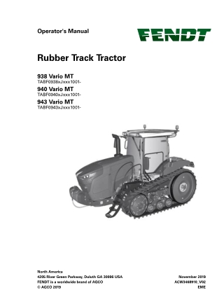 Fendt 938 940 943 Vario MT Rubber Track Tractor Operator Manual Instant Download (Part No. ACW3468910_V02)