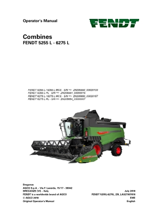 Fendt 5255 L  5255 L MCS  5255 L PL  6275 L  6275 L MCS  6275 L PL Combine Operator Manual Instant Download (Part No. LA