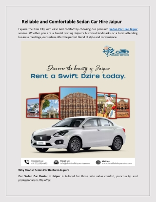 Reliable and Comfortable Sedan Car Hire Jaipur