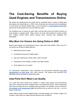 The Cost-Saving Benefits of Buying Used Engines and Transmissions Online
