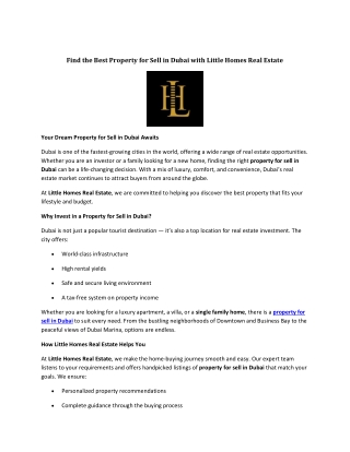 Find the Best Property for Sell in Dubai with Little Homes Real Estate