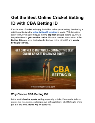 Get the Best Online Cricket Betting ID with CBA Betting ID