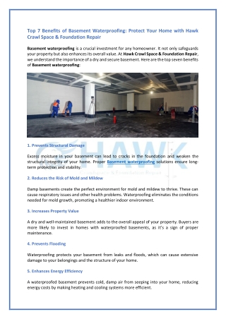 Top 7 Benefits of Basement Waterproofing- Protect Your Home with Hawk Crawl Space & Foundation Repair.