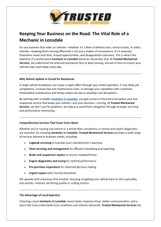 Keeping Your Business on the Road - The Vital Role of a Mechanic in Lonsdale