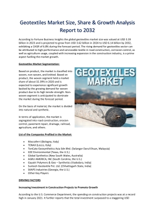 Geotextiles Market Size, Share, Overview & Forecast, 2032
