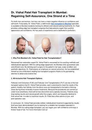 Dr. Vishal Patel Hair Transplant in Mumbai_ Regaining Self-Assurance, One Strand at a Time