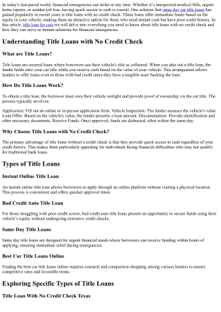 Title Loans with No Credit Check: Instant Solutions for Financial Emergencies