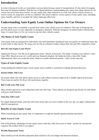 Understanding Auto Equity Loan Online Options for Car Owners