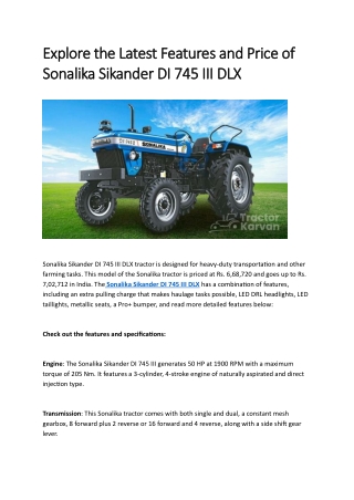 Explore the Latest Features and Price of Sonalika Sikander DI 745 III DLX