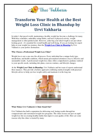 Trusted Weight Loss Clinic in Bhandup by Urvi Vakharia for Effective and Healthy