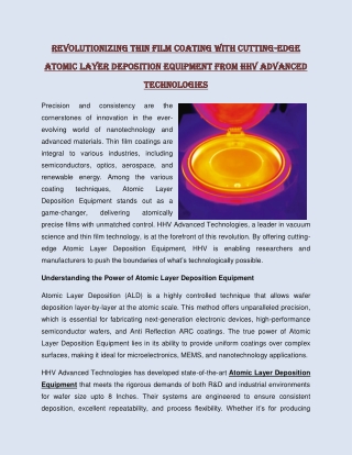 Revolutionizing Thin Film Coating with Cutting-Edge Atomic Layer Deposition Equipment from HHV Advanced Technologies