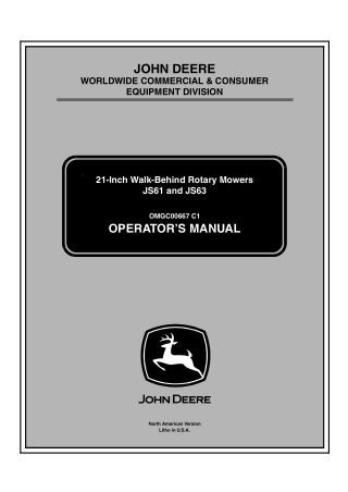 John Deere JS61 and JS63 21-Inch Walk-Behind Rotary Mowers Operator’s Manual Instant Download (pin.100001-) (Publication