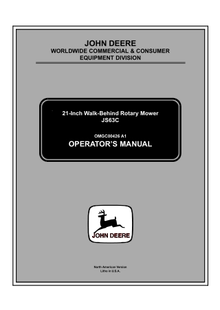 John Deere JS63C 21-Inch Walk-Behind Rotary Mower Operator’s Manual Instant Download (pin.100001-) (Publication No.OMGC0