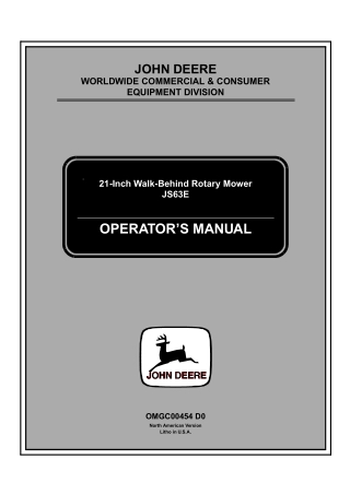 John Deere JS63E 21-Inch Walk-Behind Rotary Mower Operator’s Manual Instant Download (pin.010001-) (Publication No.OMGC0