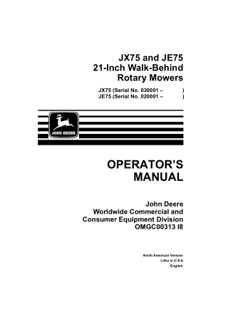 John Deere JX75 and JE75 21-Inch Walk-Behind Rotary Mowers Operator’s Manual Instant Download (JX75 pin.030001- JE75 pin